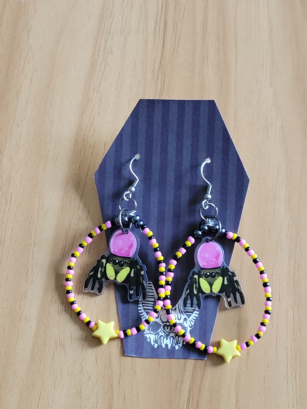 🧋NEW🧋Hand Crafted Pink & Yellow Spider Hoop Earrings